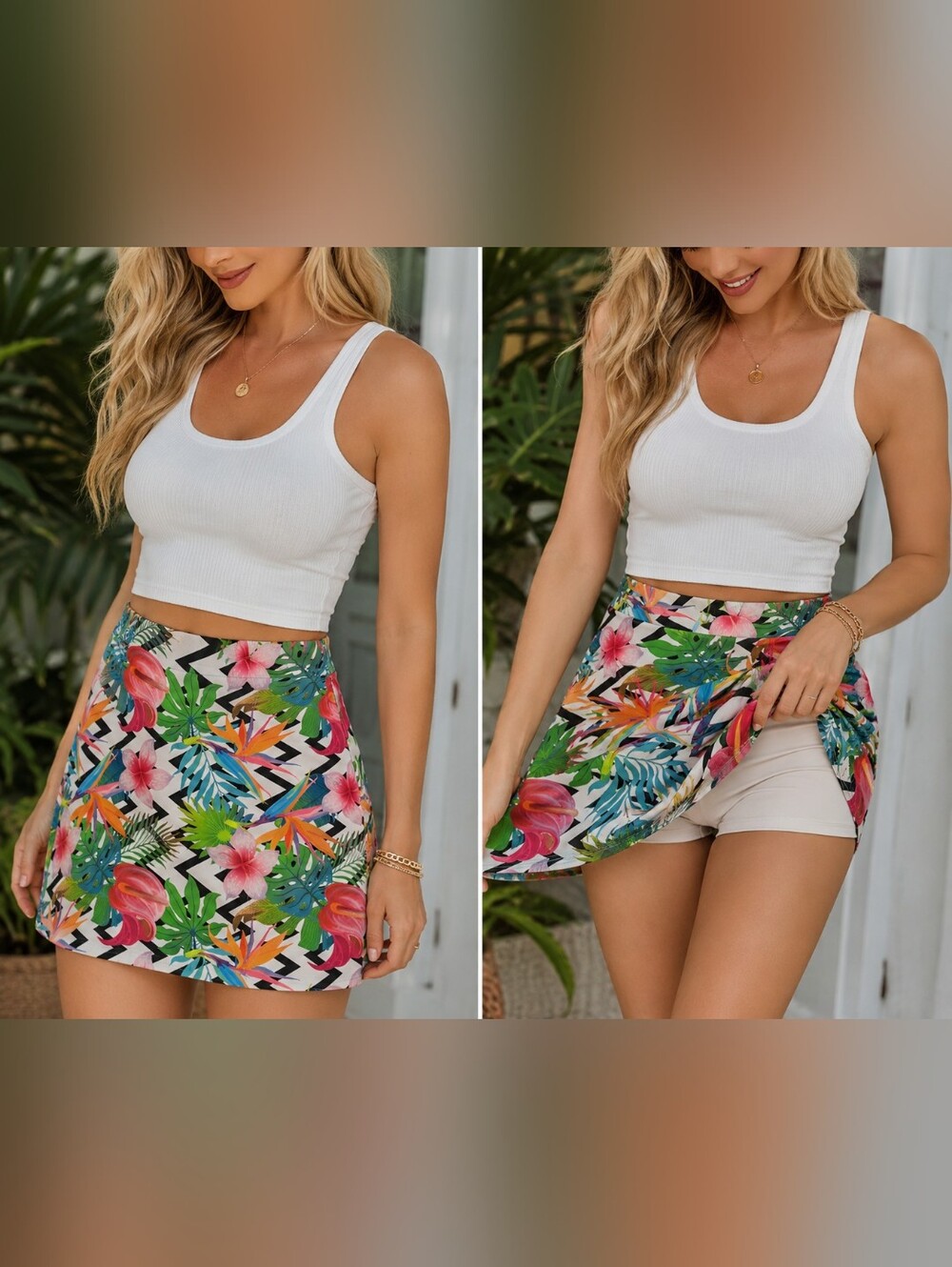 B-skinz Tropical Floral Skort with Built-In Shorts - Pink & Multicolor sz L